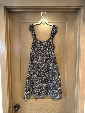 Black Mini Dress with White Dot Print - Sleeveless Square Neck